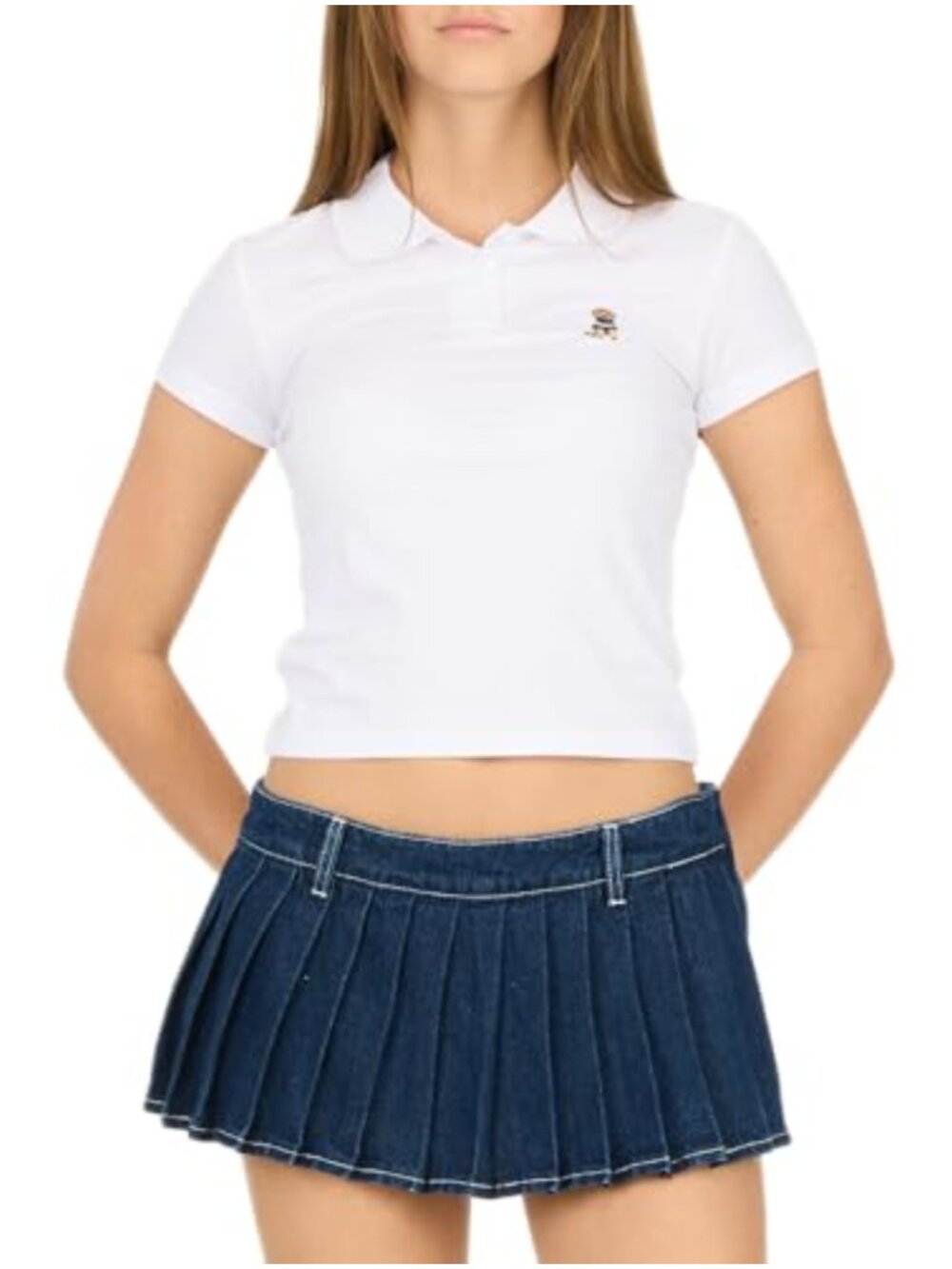 Cropped Polo Shirt Short Sleeve Fitted Stretch Tee Button Placket Embroidered